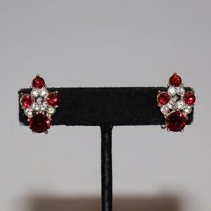 ❤️ Vintage Bogoff Silver & Red Rhinestone Clip-On Earrings 7/8" tall · signed